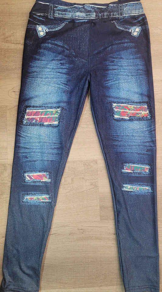 Blue Denim Jeggings with Pink & Green Tie Dye, Yoga Band