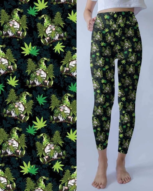 STONED GNOME! Gnome in a bed of Marijuana plants Leggings. Yoga Band. Extra Soft and stretchy!