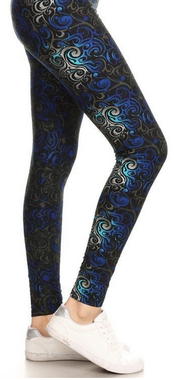 Blue Paisley Print Leggings, Elastic Band