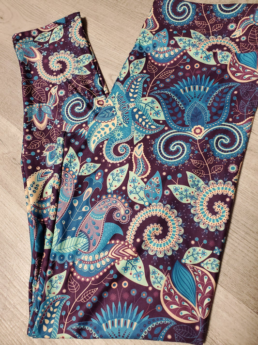 Purple/ Teal Paisley Print Leggings. Hyper Stretch and softness! Yoga Band.
