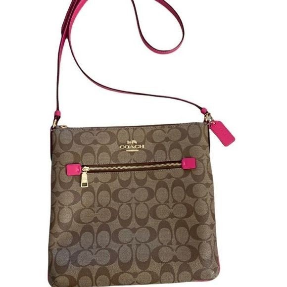Coach Signature Logo Crossbody Rowan, Khaki with Pink Trim, Outer zipper pocket and inner pocket