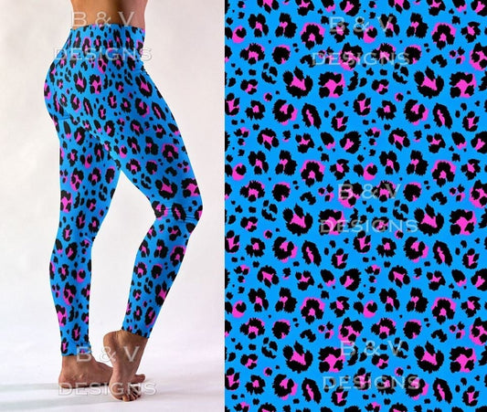 Blue/Pink Leopard Leggings, Yoga Band