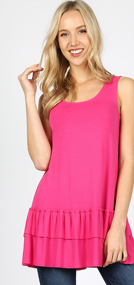 3 Color Choices! SLEEVELESS TUNIC TANK So SOFT & Comfortable! Double Ruffle Hem Sleeveless Tunic. True To size. Lots of Stretch!
