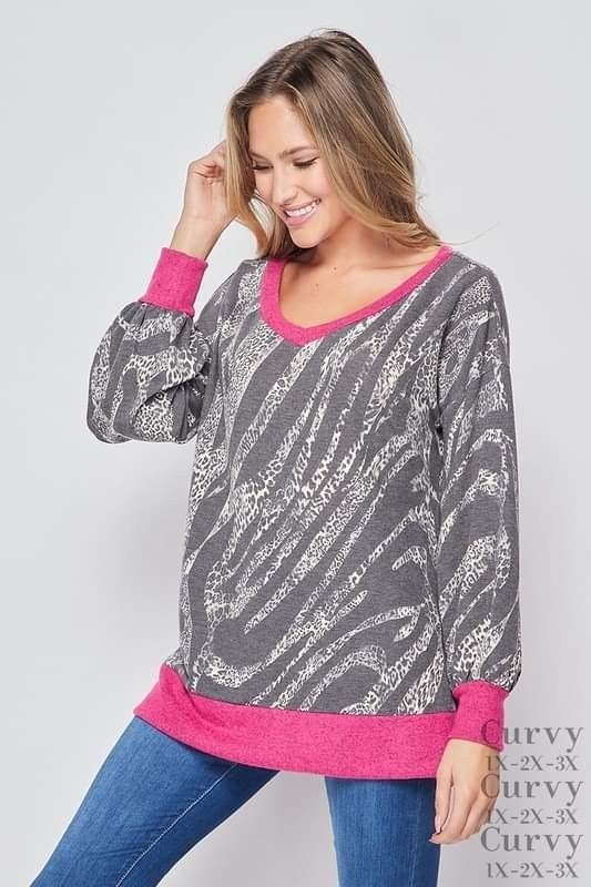 "HoneyMe" PLUS Top! Grey Zegra/Cheetah Print Split Sides, Contrast Cuff