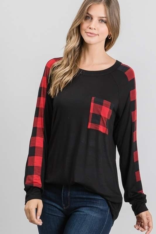 Extremely Soft and Stretchy Black with Red Plaid Arms and Pocket Runs a bit Big. Made in the USA