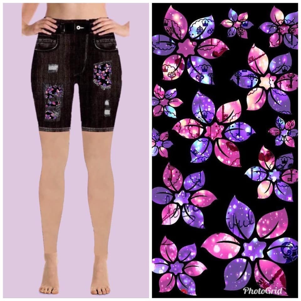 Black Denim Spring Sparkling Floral Jeggings Shorts