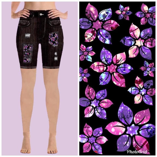 Black Denim Spring Sparkling Floral Jeggings Shorts