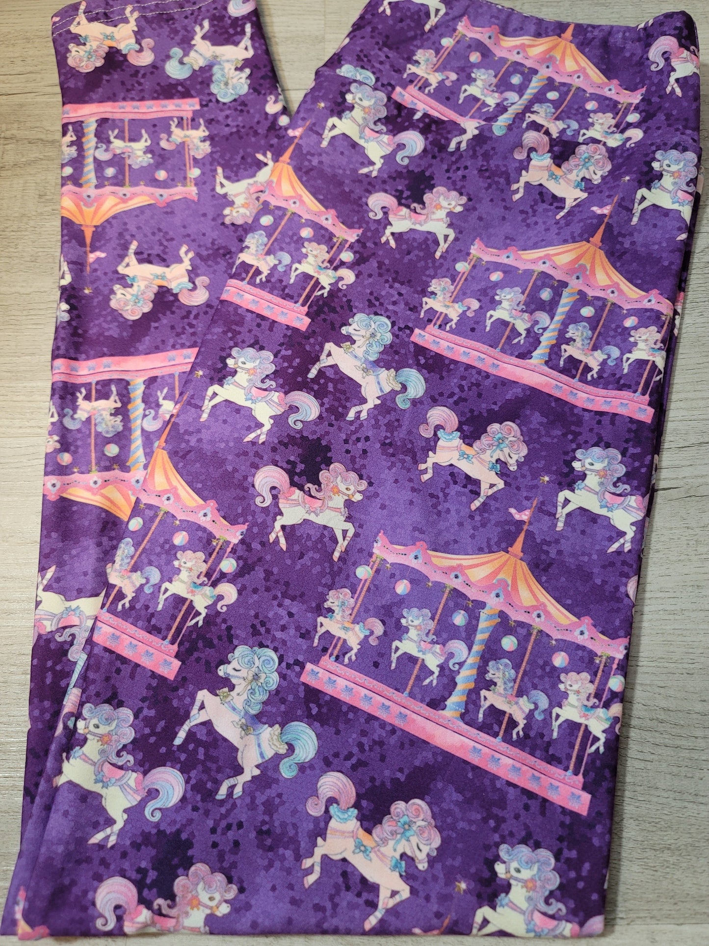 Fun Purple Carousel Designer Leggings. Yoga Band. Extra Soft and stretchy!