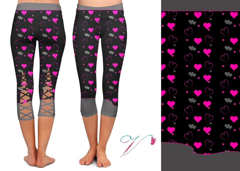Black with Pink Hearts CAPRI with Criss Cross legs