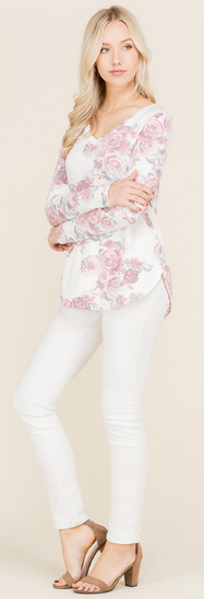 Romantic Dusty Floral V Neck Top, Made in the USA. True to Size.