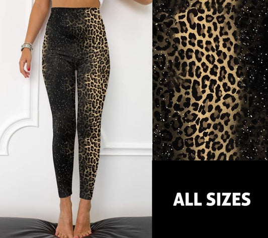 Leopard Ombre Glitter Designer Leggings, Yoga Band, Soft Material