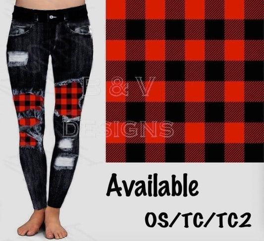 Plaid Fun! BLACK Jeggings with Red Plaid Peek a Boo Denim Print