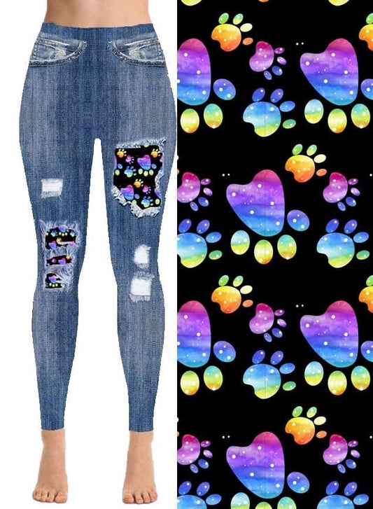 Rainbow Paw Print Denim JEGGINGS