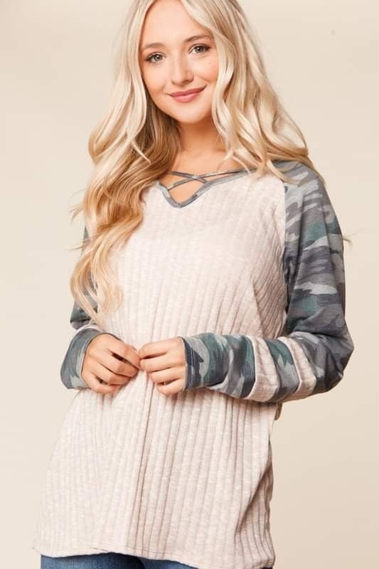 Taupe & Camo Ribbed Hacci Knit Top with A Criss-Cross Neckline. MADE IN THE USA.