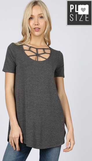 Grey Web Design Cleavage, , Rounded Hemline, Tunic Style. Stretchy!