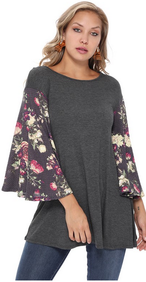 ONLY SM/LG LEFT Brushed Waffle Wide Floral Sleeve Charcoal Top