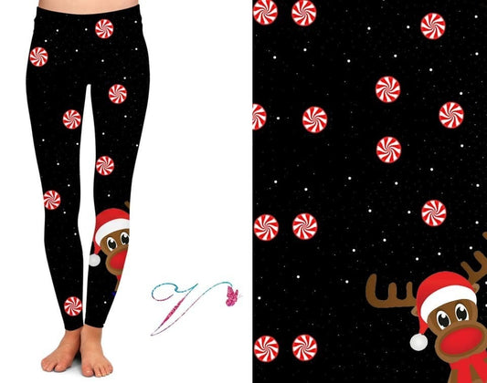 Peppermint Fresh Adorable Rudolph Reindeer - Designer Leggings. Hyper Stretch and softness! Yoga Band.