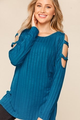 MADE IN THE USA! SOFT & STRETCHY RIB CUT SHOULDER TEAL KNIT TOP. Runs 1/2 a size big.