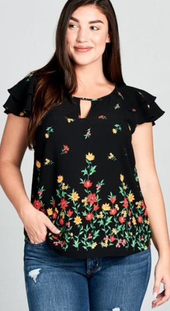 Black Floral Keyhole Ruffle Sleeve Top.  Size up!
