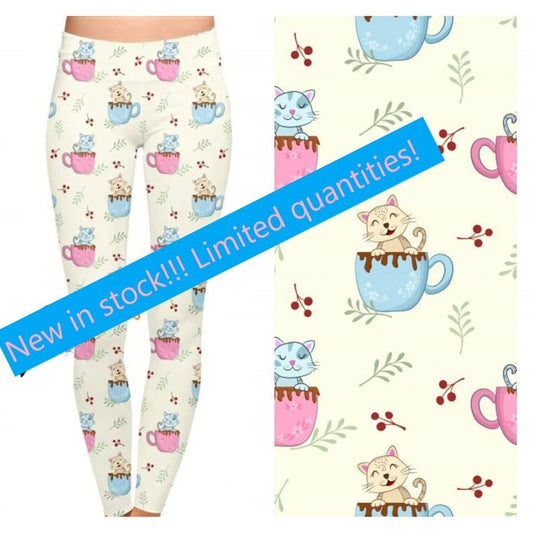 Cute Cats in Sweet Cocoa Cup, Designer Leggings, Yoga Band, High Waist, Pastel
