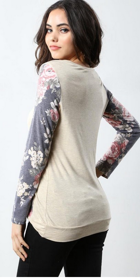 Small/Large Heather Wheat with Floral Kangaroo Pocket and sleeves