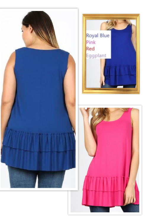 3 Color Choices! SLEEVELESS TUNIC TANK So SOFT & Comfortable! Double Ruffle Hem Sleeveless Tunic. True To size. Lots of Stretch!