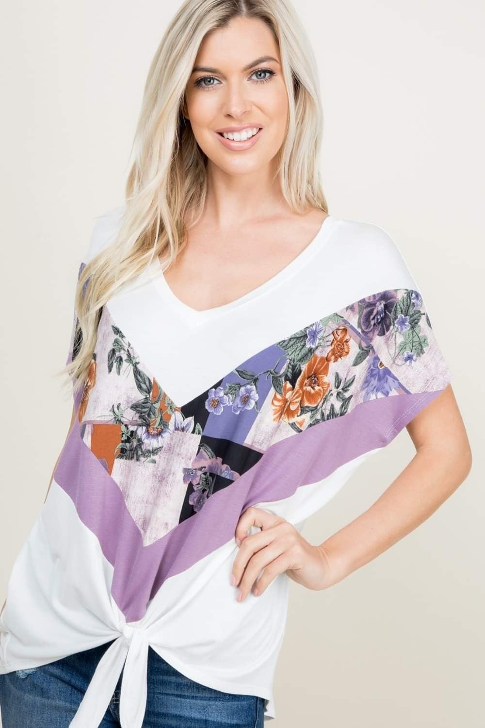 Ivory/Floral/Lavender V Block Knotted Front, Comfy and Stretchy. Made in the USA.