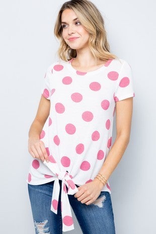 SM-XL Pink Polka Dot Short Sleeve Round Neck Top with Front Tie Made in USA