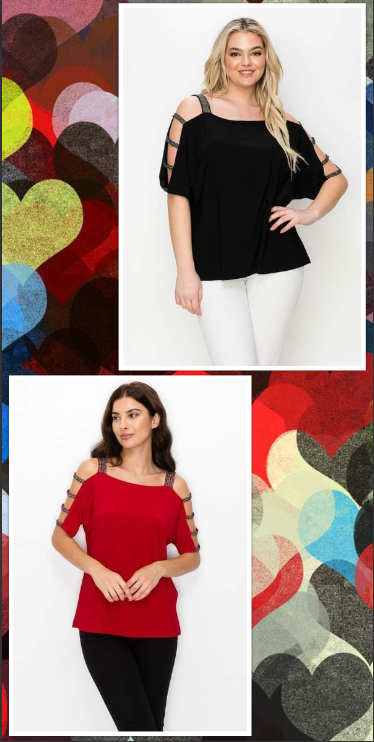 Plus Size, Stunning jeweled Ribbed Open Sleeve Top Black or Red