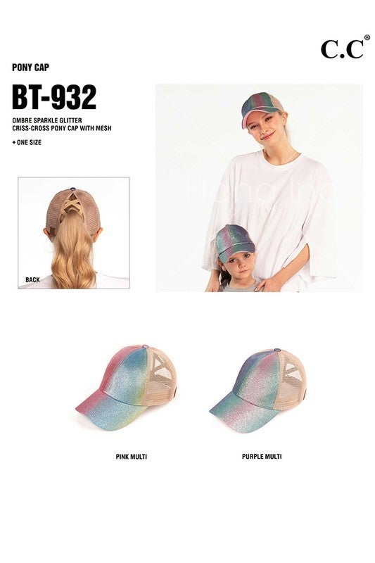Ponytail Hat! Ombre Sparkle Glitter Criss-Cross Cap with Mesh