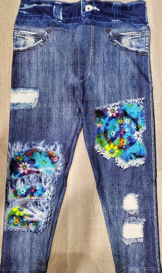 Stretchy Blue Jegging Denim Print Capri with Peace Peek-A-Boo. High Waist, Extra Stretch and Softness.
