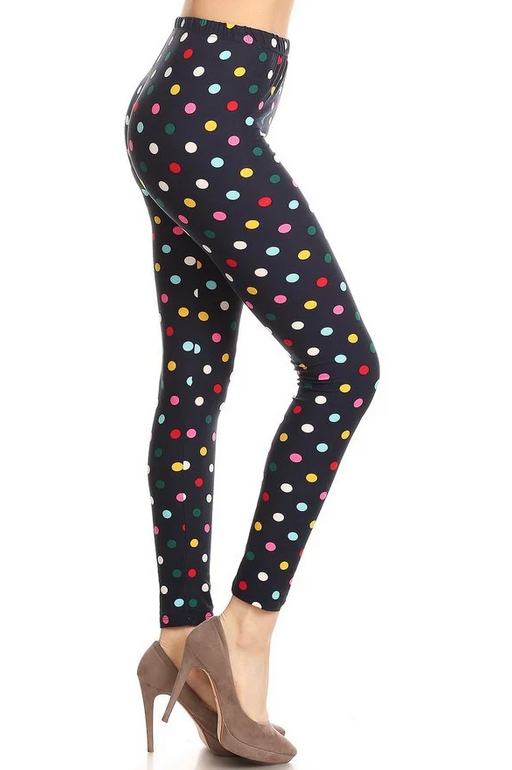 Colorful Polka Dot Leggings, Elastic Band, Navy Background