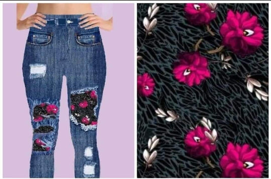 Blue Denim Midnight Floral Jeggings. Yoga Band. Extra Soft and stretchy!