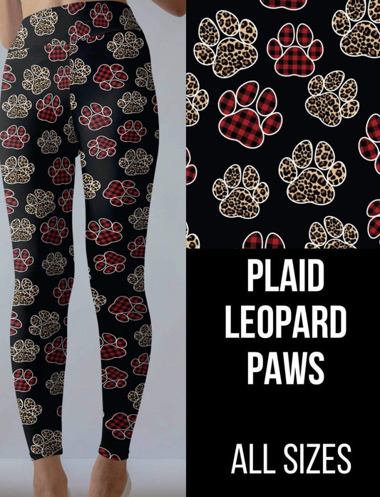 PET LOVERS Plaid & Leopard Paws, Yoga Band High Waist Designer Leggings
