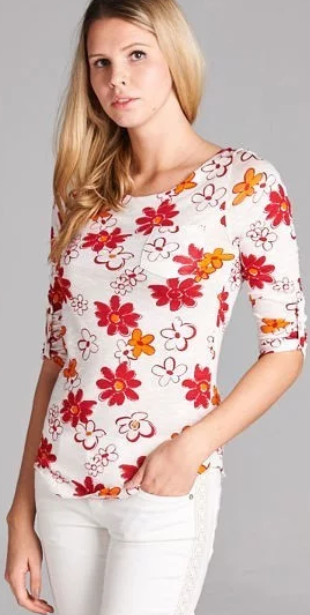 Small- Large Beautiful Red & Orange Floral Buttoned Sleeve Top