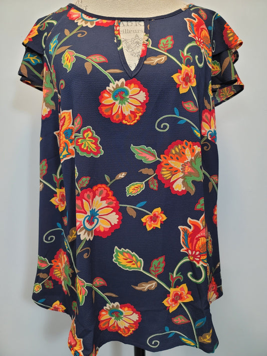 Keyhole Navy Floral Top With  Ruffle Sleeve - Runs one size small