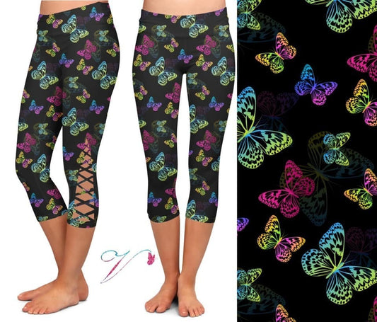 Black with Rainbow Butterfly Criss Cross Leg CAPRI