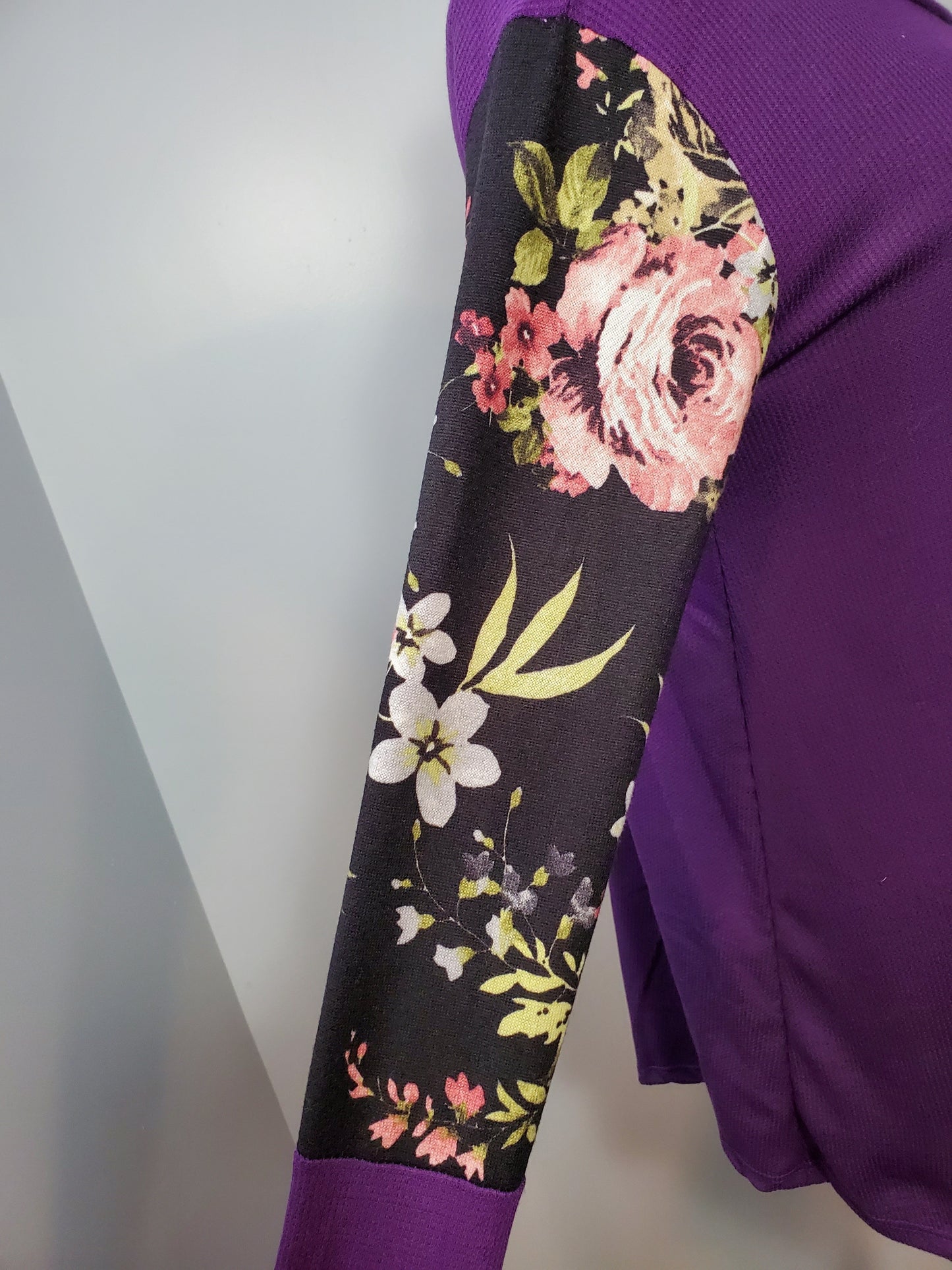 Plum/Purple Floral Long Sleeves, Turtle Neck Top Made in USA
