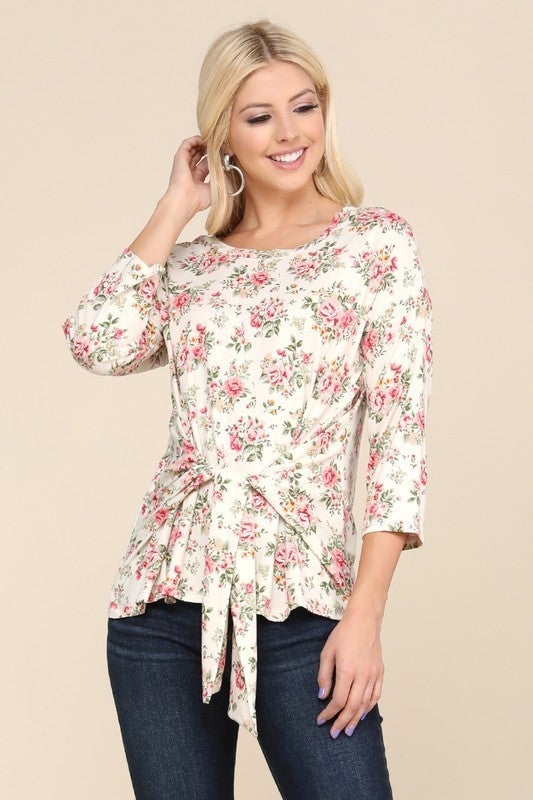 PLUS Floral, Self Knotted Belt Style Waist Straps, 3/4 Sleeve Stretchy Top