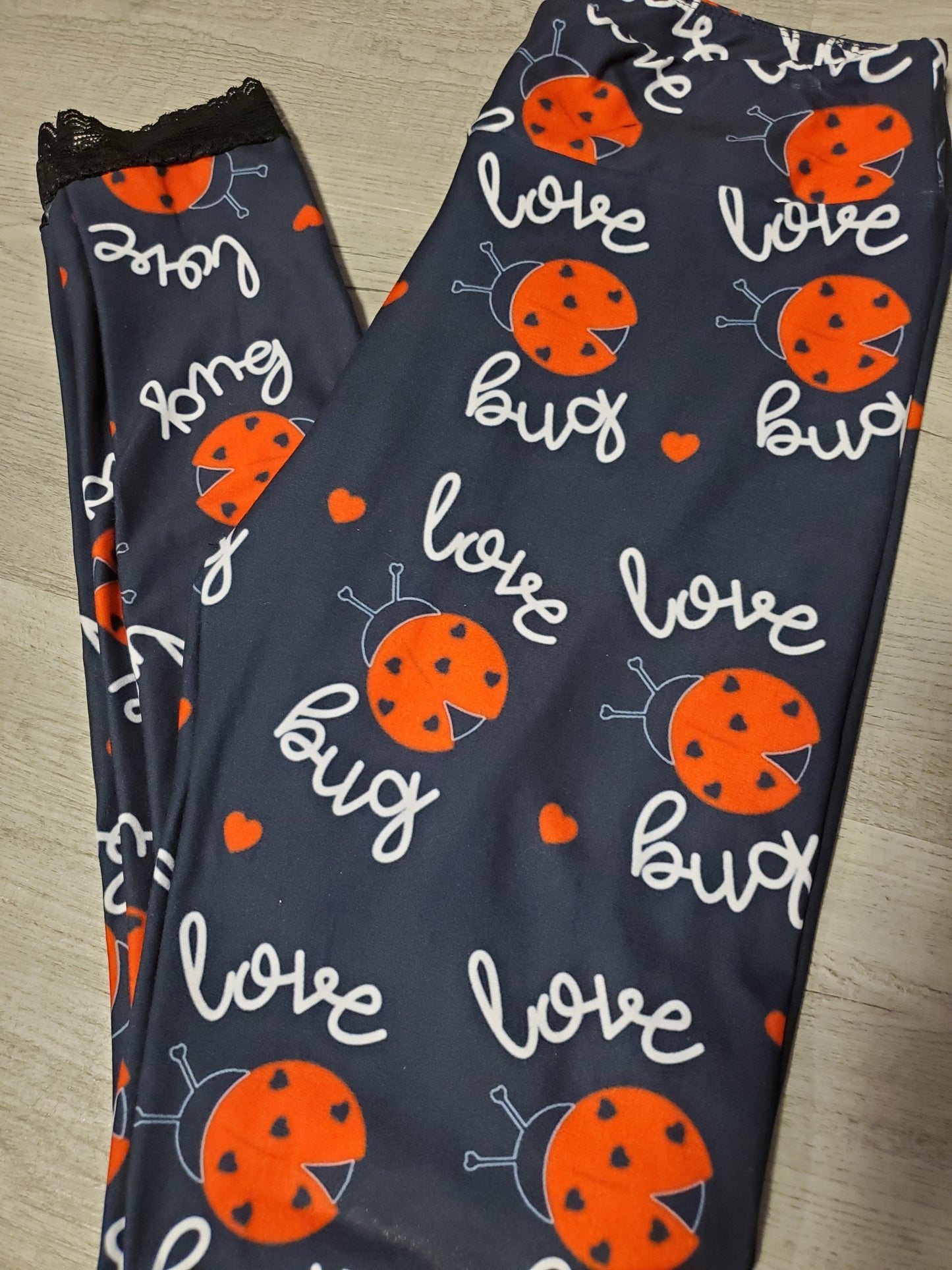 "Love Bug" Ladybug Leggings with Lace Ankle-Super Soft.  Yoga Band, Very Soft and Stretchy!