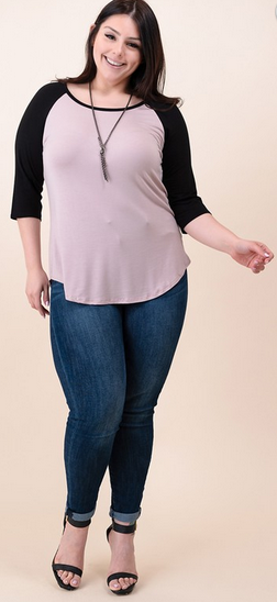 PLUS ONLY Taupe & Black 3/4 Sleeve, Round Neckline & Hem SUPER SOFT Baseball Top