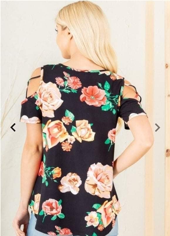 Stretchy Black Floral Cold Shoulder Top