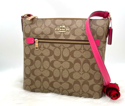 Coach Signature Logo Crossbody Rowan, Khaki with Pink Trim, Outer zipper pocket and inner pocket