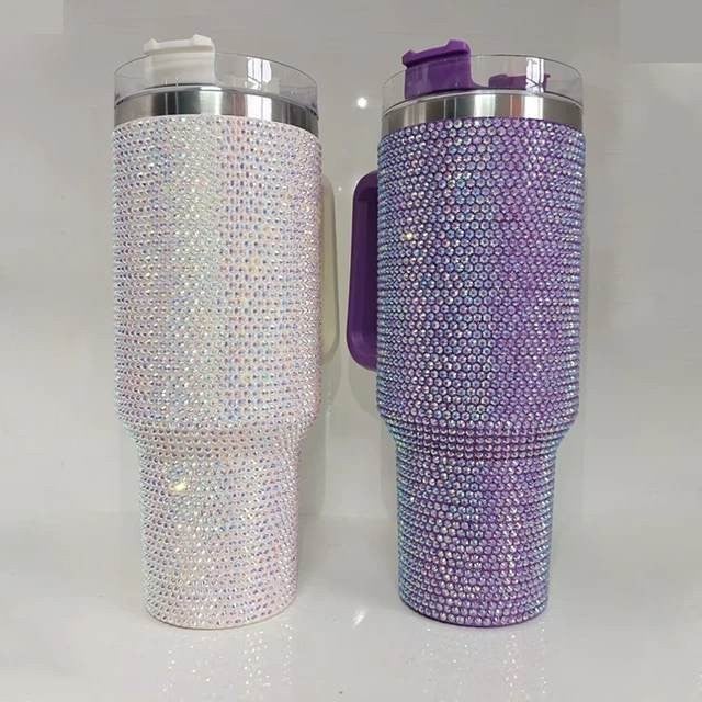 HUGE!!! Shiny Rhinestone 40 Oz Tumbler with Handle, Stainless Steel Insulated Travel Coffee Mug Double Wall Leak Resistant Vacuum Tumbler with Straw