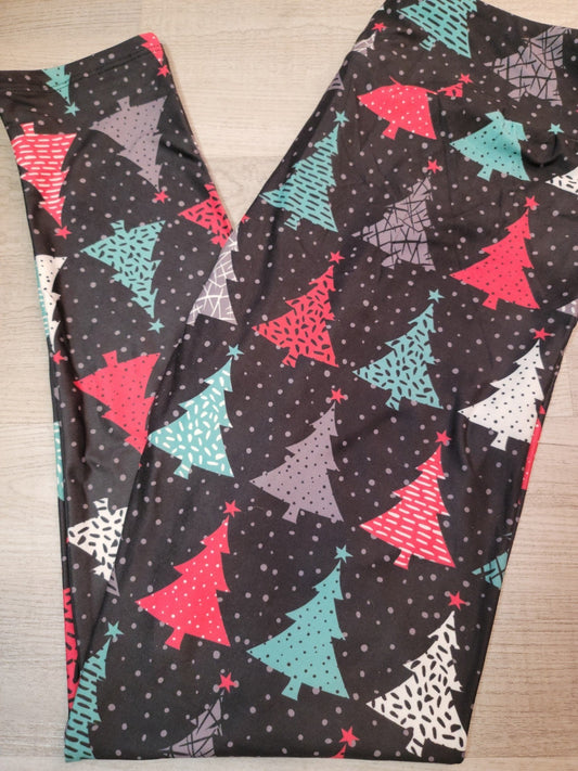 Colorful Festive Pine Trees. Designer Yoga Band Leggings.