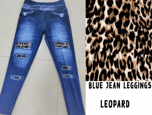 Blue Denim Print Peek A Boo Leopard Jeggings. Yoga Band. Extra Soft and stretchy!