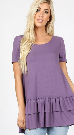 Premium Soft & Stretchy Double Ruffle Hem, Solid Tunic Top, Runs Half A Size Big