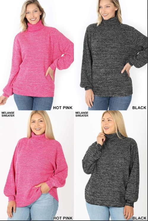 Loose Turtleneck Balloon Sleeve Soft Stretchy Sweater - Zanana