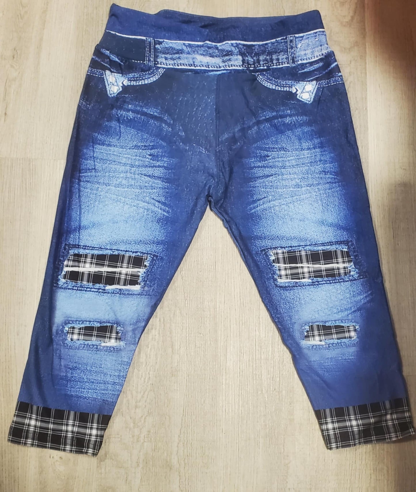 Denim Print Capri Black and White Plaid Peek a Boo Jeggings