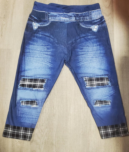 Denim Print Capri Black and White Plaid Peek a Boo Jeggings